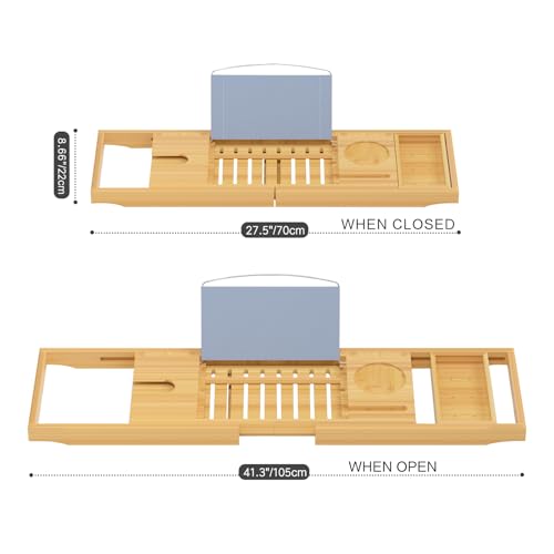 Bamboo Bathtub Tray Caddy - Expandable with Book & Tablet Holder