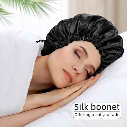 Satin Silk Bonnet for Curly Hair Bonnet Braid Bonnet for Sleeping Bonnets for Women Large Double-Layer Adjustable(Black&Pink)