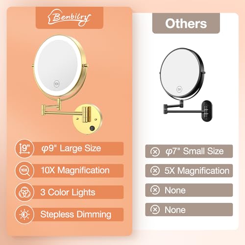 Benbilry 9" Large Wall Mounted Lighted Makeup Mirror, 1X/10X Magnifying 2-Sided AC Plug-in Powered Bathroom Mirror with 3 Color Lights, Touch Dimmable, Extended Arm 360¡Æ Rotation, ¡¼Gold¡½