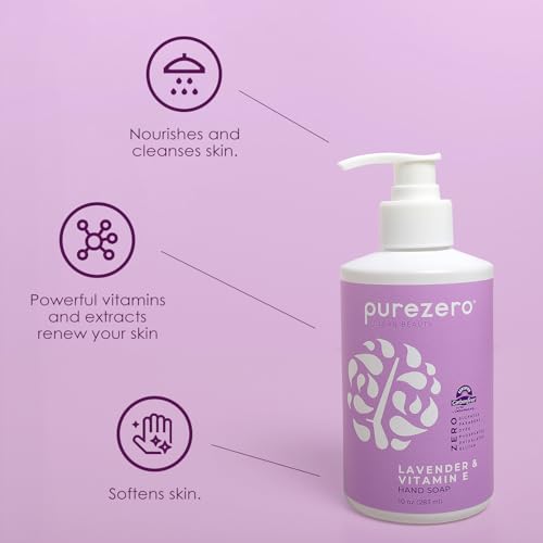 Purezero Lavender & Vitamin E Hand Soap Soothing & Hydrating, Paraben-Free & Vegan Liquid Hand Wash for Bathroom or Kitchen, USA-Made, Cruelty-Free, 10 ounces (3 Pack)