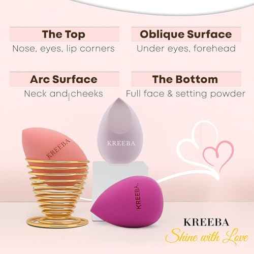 KREEBA 3 Pcs Makeup Sponge Set Comes with Heart-Shaped Travel Box-Makeup Sponges Oval Included Bonus Gold Drying Stand-Latex-Free Make Up Sponges for Face-Beauty Blender Sponge Give Flawless Finish