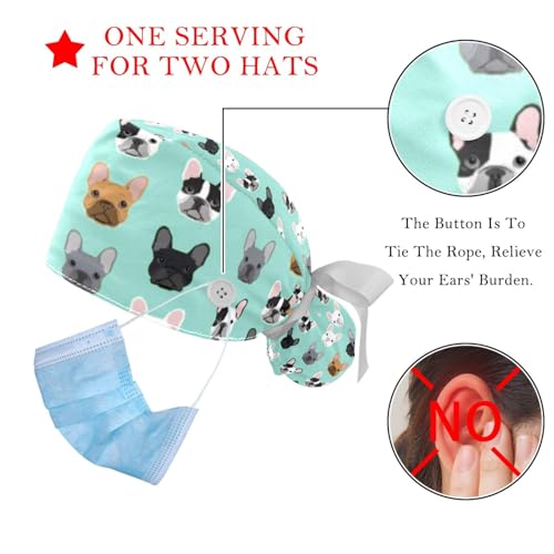 2 Pack Scrub Caps Surgical Hat for Women, Cartoon Dogs Nurse Hat Unisex Tie Back Hat, Long Hair