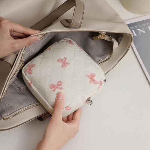 Small Quilted Cosmetic Pouch for Purse, Mini Cotton Makeup Bag with Compartments, Cute Zipper Lipstick Holder for Women (03White Bow)