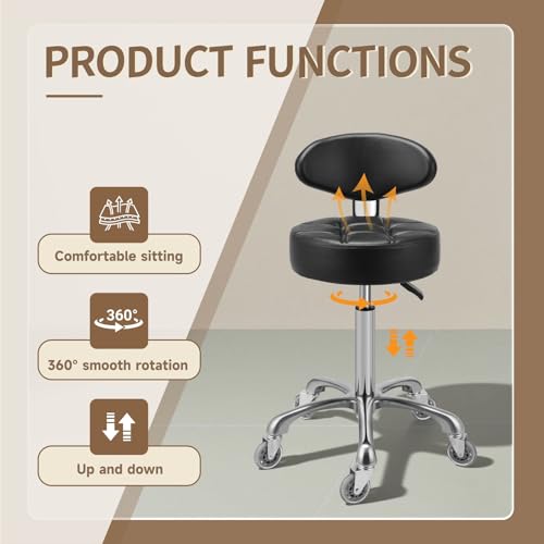 Kaleurrier Rolling Stool with Back Support, Adjustable 22-30 in, 400 lb