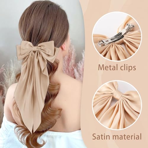 6 PCS Hair Bows for Women, Big Bow Hair Clips for Girls, Silky Satin Hair Bows Clips Oversized Long Tail, Large Hair Barrettes Cute Aesthetic Hair Accessories, Metal Bow Hair Clips Neutral Color