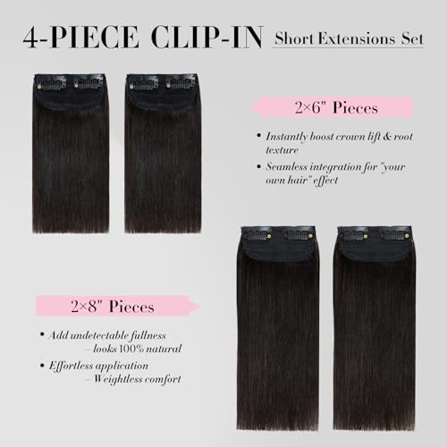 Clip in Short Hair Extensions Real Human Hair,Prokyvity Invisible Human Hair Clip in Extensions Short,(6inch&8inch)4 pieces Mini Extensions for volume or highligh,Natural Black