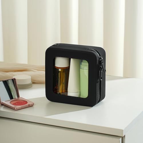 JOVAKIT Clear Makeup Bag Square Portable Silicone Travel Cosmetic Bag for Women, Transparent Toiletry Bags, Gifts for Women Make Up Pouch Car Organizer Case with Zippers for Essentials (Black)