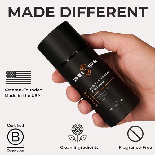 stubble & stache Beard & Face Moisturizer for Men - Hydrating Lotion with Hyaluronic Acid, Niacinamide, Argan Oil, Aloe Vera, Jojoba Oil, & Vitamin A for Dry Skin & Beard Conditioning - 3.4 fl oz