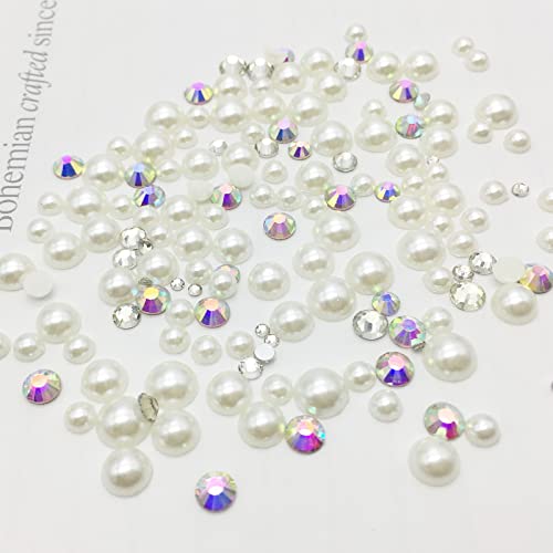 Nail Pearls Rhinestones for Nail Art,Clear Nail Gems Diamonds and AB Nail Crystals,Beige Flat Pearls for Nails,Nail Beads Supplies Accessories Stuff for Nail Tech,Craft DIY Pearl with Wax Pen Tweezers