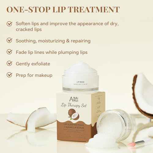 ANAI RUI Coconut Lip Scrub & Lip Mask Set with Shea Butter, Lip Scrubber Exfoliator Enriched with Vitamin E, Sugar Scrub for Dry Lips, Hydrating Lip Mask for Overnight Use, Christmas Gifts for teens