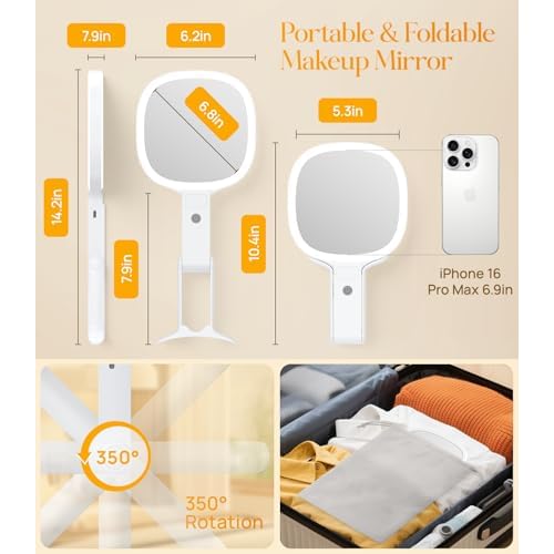 Gospire 6.8" Travel Vanity Mirror, 3-in-1 Hanging/Handheld/Desktop Use with Dual-Side Buttons, 1X/10X Magnification, 3-Color Dimmable LED, Auto Memory + Velvet Pouch (White)