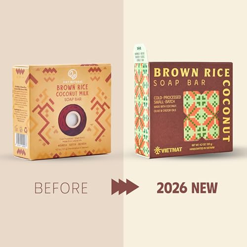 Brown Rice & Coconut Milk 2-in-1 Luxurious Natural Soap Bar (4.2 oz) | Gentle Exfoliation & Nourishing Cleanse | Cold-Processed, Handmade in Vietnam for Smooth, Fresh Skin (Pack of 1)