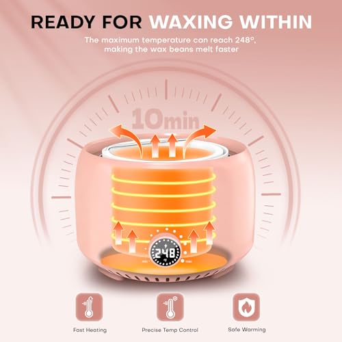 Waxing Kit for Women and Men, Digital Wax Warmer with 14OZ 5 Bags Hard Wax Beads, at Home Wax kit for Full Body, Face, Eyebrows, Bikini, Legs, Brazilian & Sensitive Skin (Blush)