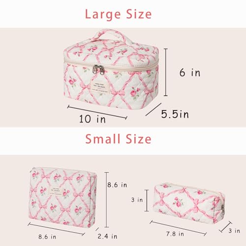 3Pcs Large Quilted Makeup Bag for Women and Girls, Cute Coquette Floral Cotton Cosmetic Bag, Aesthetic Travel Organized Toiletry Bags (3Pcs Pink Bows)
