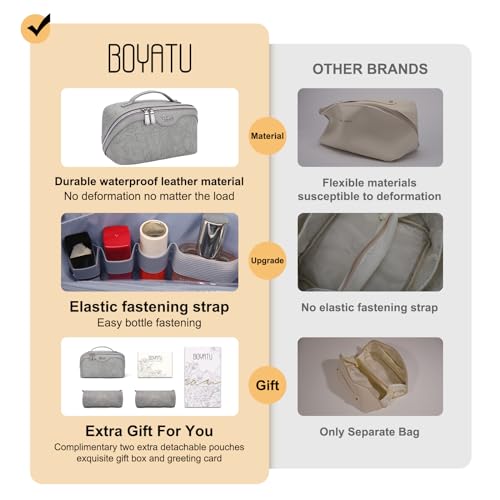 BOYATU Travel Makeup Bags Cosmetic Organizer Bag: 3-Set Large Capacity Make up Bag - PU Leather Toiletry Bag for Women - Wide Open Portable Pouch with Divider & Handle