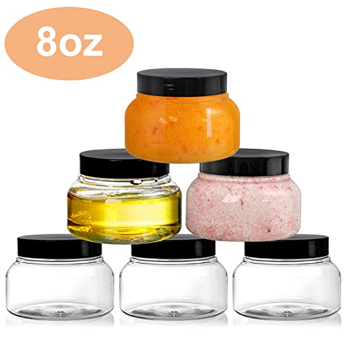 Yarlung 16 Pack 8 Oz Plastic Jars with Lids, Clear Body Scrub Containers Empty Refillable Containers Round Low Profile Samples Jars for Makeup, Body Butter, Creams, Slime, Travel Storage
