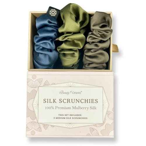Silk Scrunchies | Premium Handcrafted 25 Momme Mulberry Silk Hair Bands | Elastics Ties Ponytail Holders and Hair Accessories (Medium Scrunchies (3), Chocolate, Ocean, Jungle)