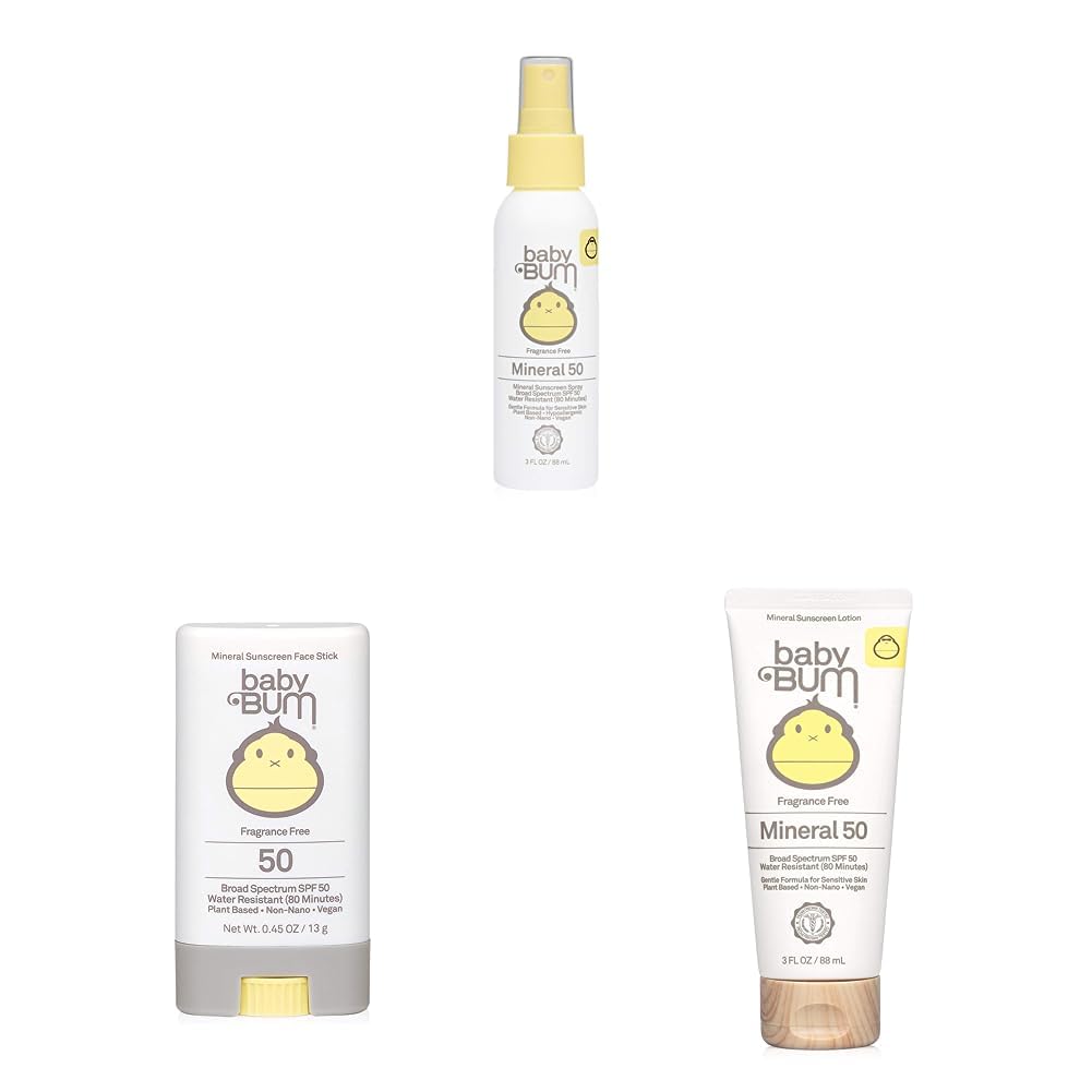 Sun Bum Baby Bum SPF 50 Sunscreen Spray | 3 FL OZ & Baby SPF 50 Sunscreen Stick, 0.45 Oz & m SPF 50 Sunscreen Lotion | Mineral UVA/UVB Face and Body Protection, 3 FL OZ