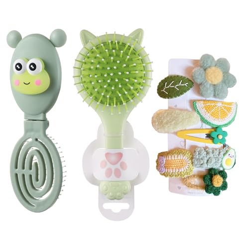 Hair Brushes Set, Hair Pins, Hair Brushes for Girls, Foldable Hair Brush, Air Cushion Hair Brush, Brush with Mirror, Travel Size Hair Brush, Long Handle Hair Brush, Hair Clips (Green)