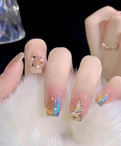 TUOKAY Merry Christmas Press on Nails Cat Eye Effect Christmas Tree Snowflake Glossy Glitter Fake Nails False Nails for Women and Lady,10pcs (Christmas Cat Eye Type 1)