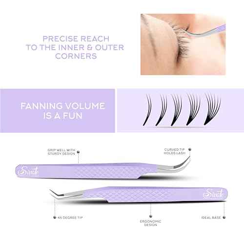SIVOTE Lash Tweezers for Eyelash Extensions, Pack of 5 Purple ? Lash Extension Tweezers Set with Diamond Grip, Precision Fiber Tip for Volume Eyelash Extensions