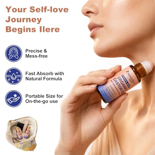 Organic Castor Oil Roll-On with Rose Quartz Roller - 50ml, Pure & Cold-Pressed