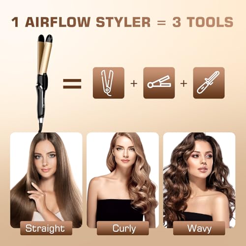 Podiality 1.25 Inch Ceramic Curling Iron 2-in-1 Hair Straightener & Curler, 24K Gold Tech, Dual Voltage