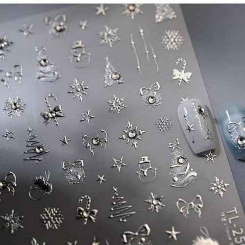 Christmas Nail Stickers for Nail Art Crystal Silver Xmas Tree Snowflake Nail Art Stickers Snowman Bow Candy Nails Decals Self-Adhesive Diamond Nails Decals for Women Manicure Supplies Art Design