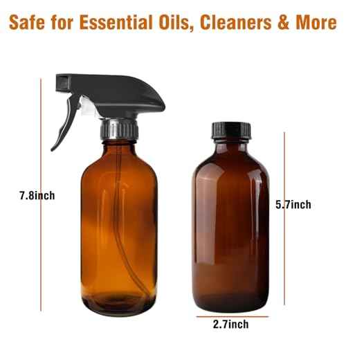 8oz Amber Glass Spray Bottles - 2 Pack Empty Refillable Bottles for Cleaning, Hair Care, Essential Oils, Plants - Includes Durable Nozzle, Labels, Funnel & Dropper, Handheld Size