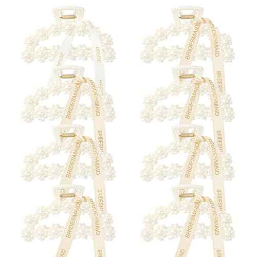 DEEKA Bridesmaid Proposal Gifts 8 Pack Pearl Bridesmaid Hair Claw Clips with Ribbon 3 Inch Hair Clips Bachelorette Party Favors Bridal Party Present Hair Accessories (Half Circle White&Champagne)