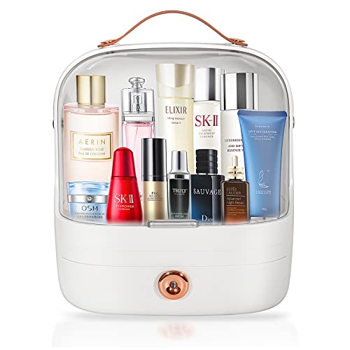 MASSY Egg Shape(Oval) Makeup Storage Box, Countertop Portable Vanity Cosmetics Organizer Preppy Style (Jasmin White)