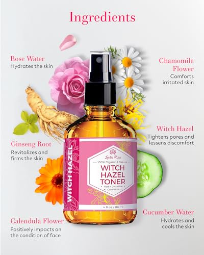 Witch Hazel Alcohol Free Toner by Leven Rose, 100% Pure Organic Facial Rose Water with Rose Petals, Calendula, Cucumber, and Chamomile Flower 4 oz