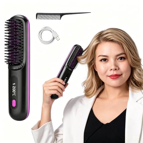 Cordless Hair Straightener Brush with LED Display, Fast Heating