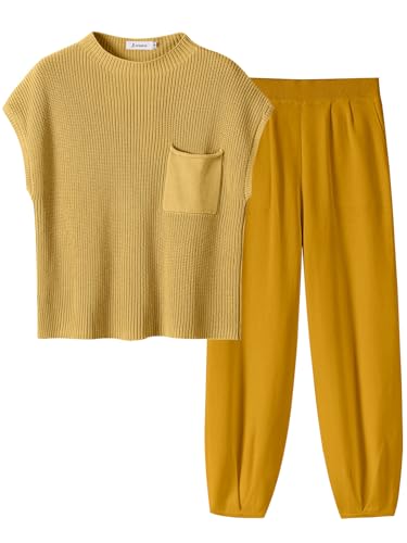 ANRABESS Women's Two Piece Outfits Knit Sweater Pullover Crop Top & Pants Lounge Matching Tracksuit Sweatsuit Sets 2024 Trendy Loungewear Clothes Yellow Small