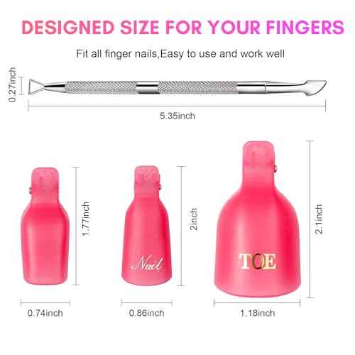 Makartt Nail Polish Remover Kit 20 Pcs, Soak Off Cap Clips, with Double-Ended Cuticle Pusher, UV Gel Polish Removal Tools for Fingers and Toes, Reusable, Rose