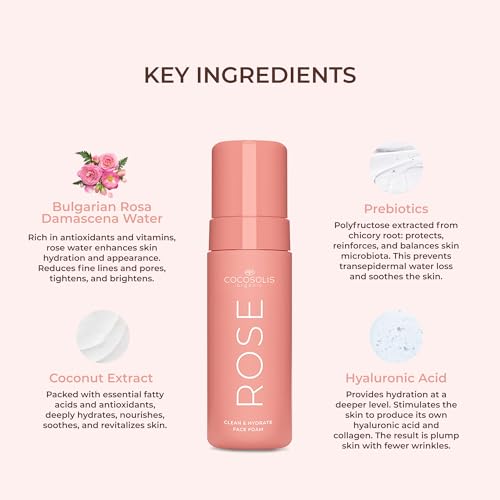 COCOSOLIS Rose Clean & Hydrate Face Foam Deep Pore Facial Cleansing Foam with Moisturising Hyaluronic Acid and Glycerine