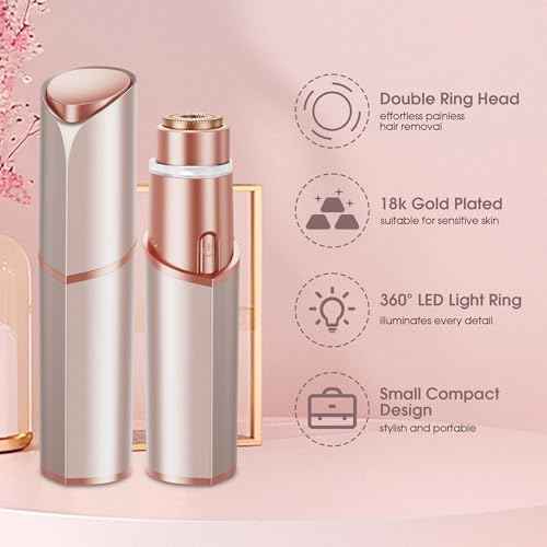 Facial Hair Removal for Women: Electric Hair Removal Device - Rechargeable Painless Face Razor for Chin Upper Lip Peach Fuzz with Light Gifts for Women(Rose Gold)