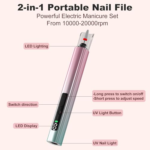 Bzone Cordless Electric Nail File Drill with UV Light, 5 Speed, Rechargeable