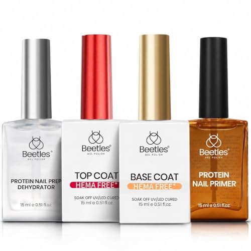 Beetles L-Clear Protein Nail Dehydrator & Primer Set with Gel Top & Base Coat - HEMA & TPO Free, Long-Lasting 28-Day Manicure