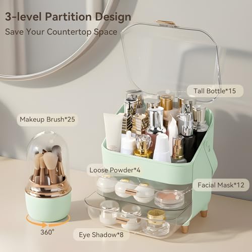Large Capacity Makeup Organizer with Brush Holder & 2 Drawers - Green