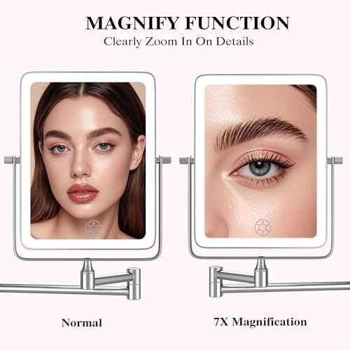 Wall Mounted Lighted Makeup Mirror, Rectangle Double Sided 1X/7X Magnifying Bathroom Height Adjustable Mirror, Rechargeable 3 Color and Dimmable Lights, Extended Arm 360 Rotation Shaving Vanity Mirror