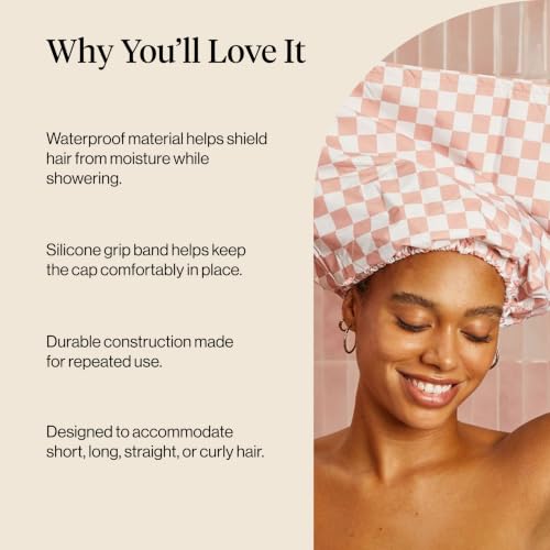 Kitsch Reusable Satin-Lined Flexi Shower Cap - Terracotta Checker