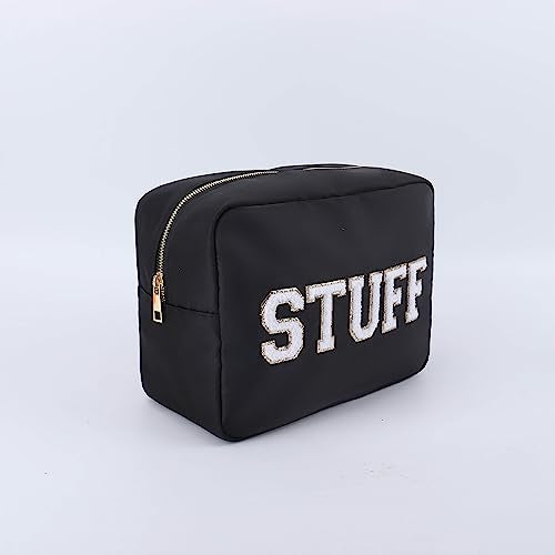 SkyTen Chenille Letter Make Up Bag Nylon Cosmetic Case Stuff Glam Stoney Clover Dupe Travel Organizer (Black, XL)
