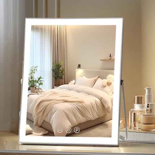 Vanity Mirror with Lights,10"x12" Lighted Makeup Mirror with 3 Color Modes, 360° Rotation Makeup Mirror with Lights, Dual Power Supply, Portable Desk Mirror, Smart Touch Control (White)