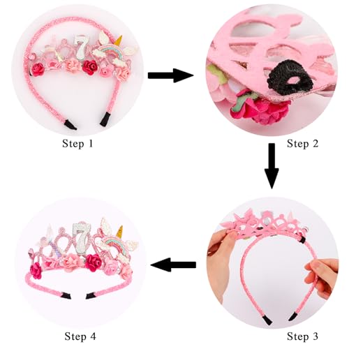 SuPoo Pink 7th Birthday Flower Crown Headband for Girls - Princess Tiara, Lightweight & Durable, Fits 4.5-inch Diameter