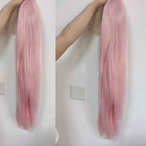 xiweiya Long Pink Lace Front Wig Straight Pastel Pink Synthetic 13x3 Lace Front Wig Middle Part Glueless Wig Natural Hairline Heat Resistant Fiber for Women, Drag Queen Cosplay Makeup Party 24 Inch