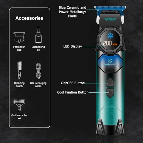 VGR 946 Hair Trimmer for Men, Professional Beard Trimmer for Men with Blue Ceramic Blade & Cooling Button, 8000RPM BLDC Motor Barber Clippers, Cordless Mens Hair Clippers with LED Display