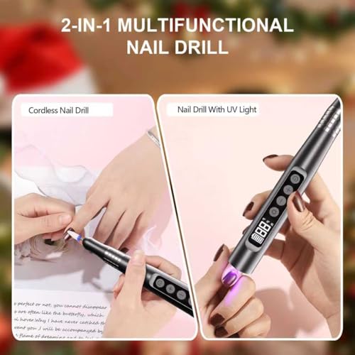 Professional Cordless Nail Drill and UV Light, 35000 RPM Electric Nail File Acrylic Gel Dip Powder Nail Tools, Portable Rechargeable brushless Nail Drill for Home & Travel, Gray(KY-9GJ)