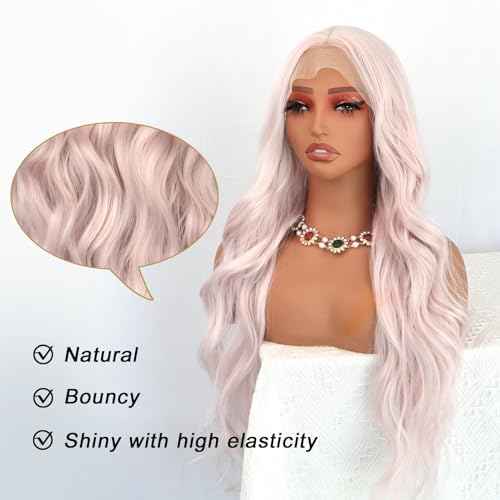 Pink Lace Front Wigs Long Wavy Wigs for Women Long Curly Synthetic Lace Frontal Wig Loose Wave Wig Heat Resistant Glueless Synthetic for Daily Party 24 Inch