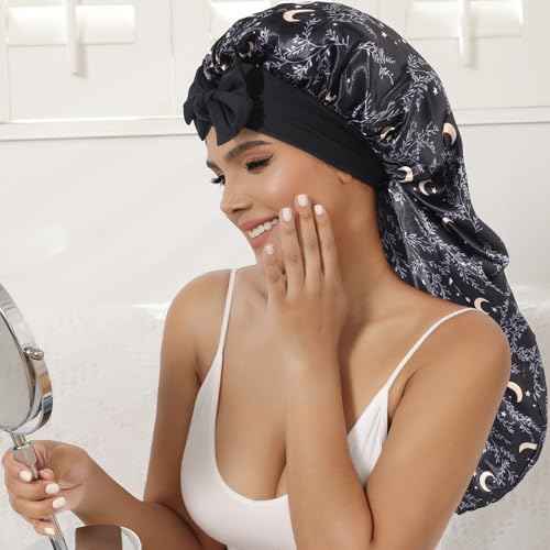 AWAYTR Long Satin Bonnet for Women - Double Layer Elastic Silk Bonnet for Braids Hair Sleeping Cap with Tie Band (Star and Moon+Black)
